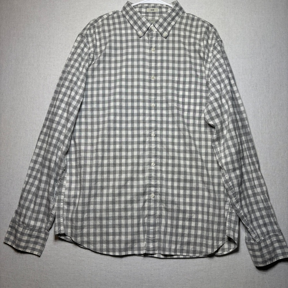 J Crew Mens Slim Fit Button Down Shirt XL Stretch Plaid Gray Cotton‎